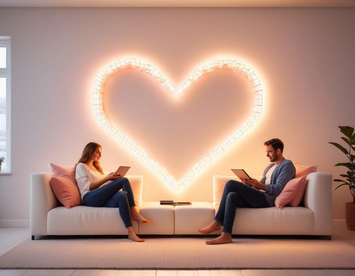 A warm, inviting scene of a couple sitting closely together on a cozy sofa, each with a tablet, their screens glowing softly. Digital connections depicted as bright, colorful lines forming heart shapes between the tablets, symbolizing deep connection. Background of a softly lit, modern, yet homely living room. super-realistic. vibrant colors. white background.