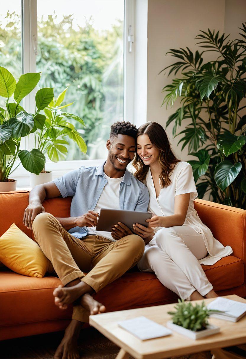 A happy couple sitting close together on a cozy couch, engaging with each other using a tablet that showcases a vibrant relationship app. Light-filled room with warm hues, plants, and pictures in the background emphasizing love and connection. super-realistic. vibrant colors. inviting atmosphere.