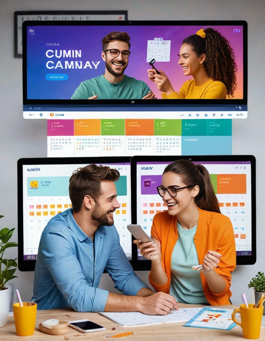 A joyful couple engaged in various online activities like video calls, collaborative cooking, and gaming on multiple screens, with a virtual calendar and to-do list in the background highlighting shared tasks. Bright colors and modern technology gadgets create an atmosphere of digital harmony. Digital art. vibrant colors. futuristic style.
